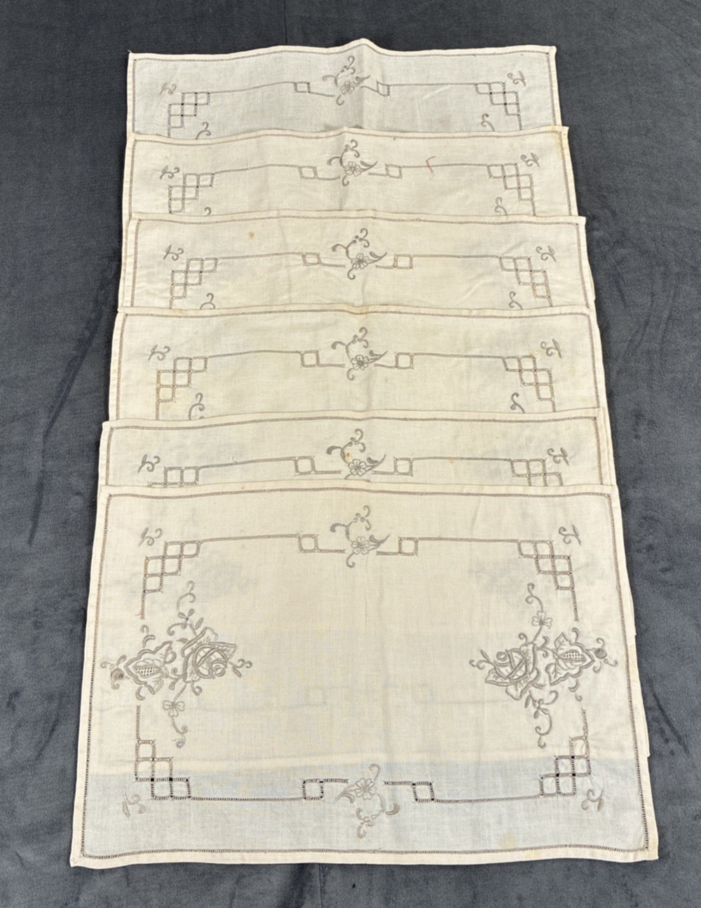 Vintage Ecru 6 Placemats Linen Floral Embroidered Tea Color Benefits Charity